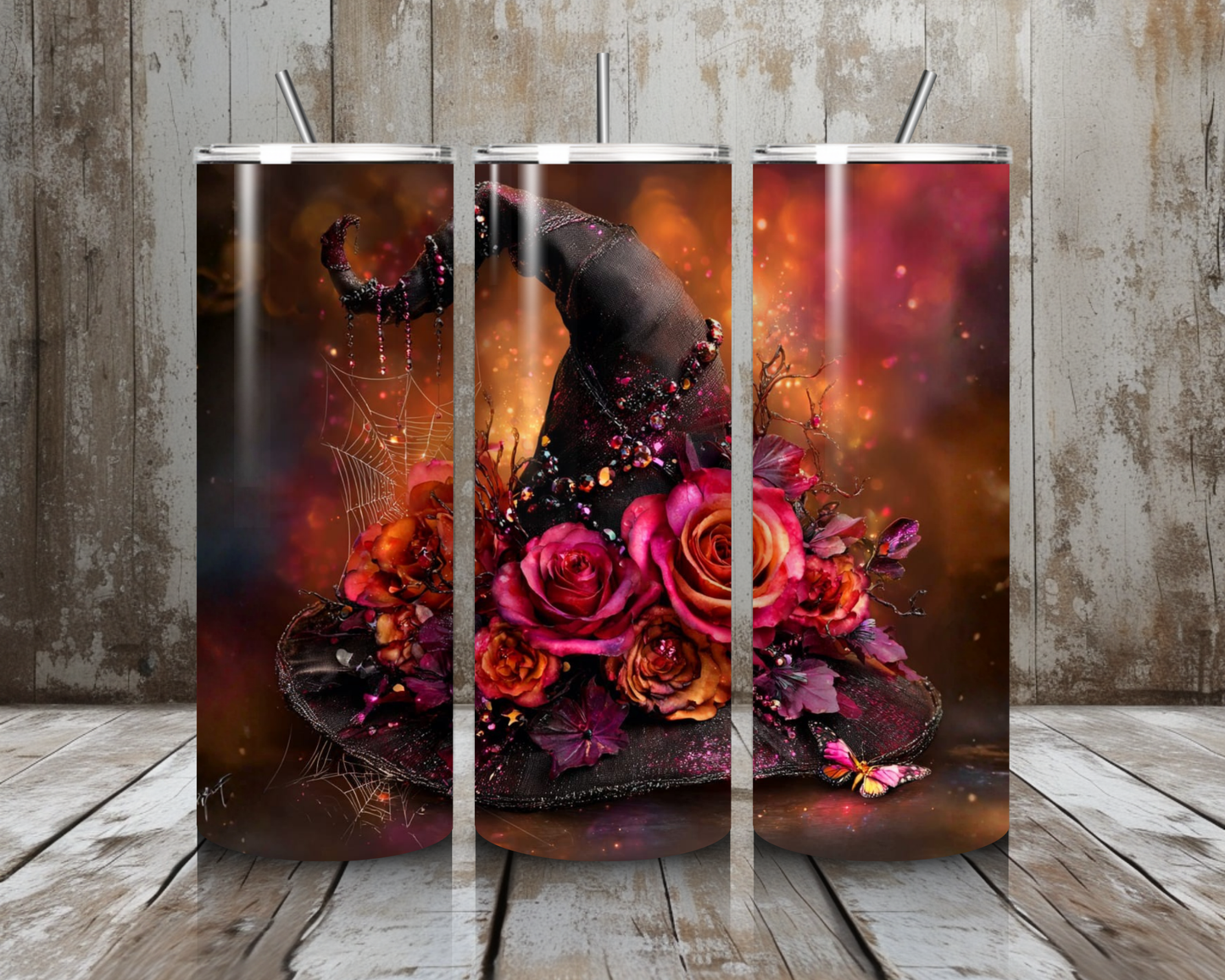 Tumbler Hexenhut mit Rosen bestückt