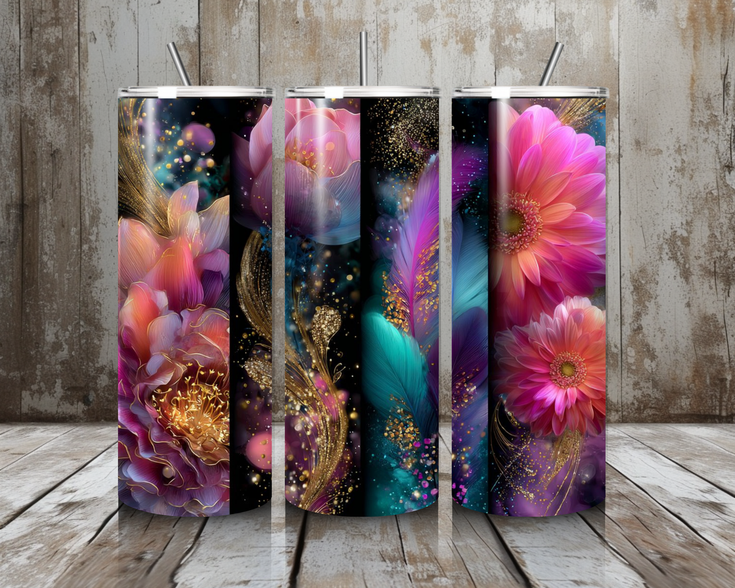 Tumbler Blumen Goldglitzer