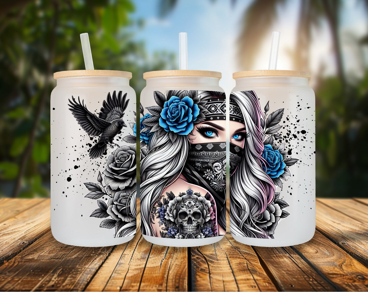 16oz Glas Maskgirl with Crow