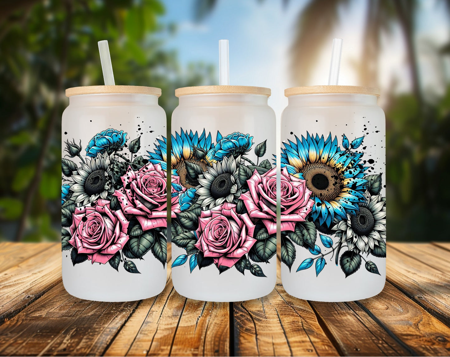 16oz Glas colorful Flowers