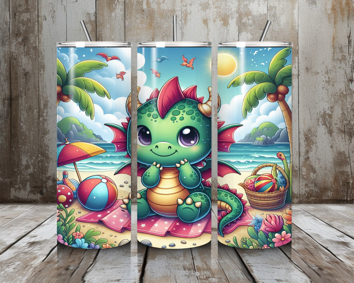 Tumbler Dinodrache am Strand