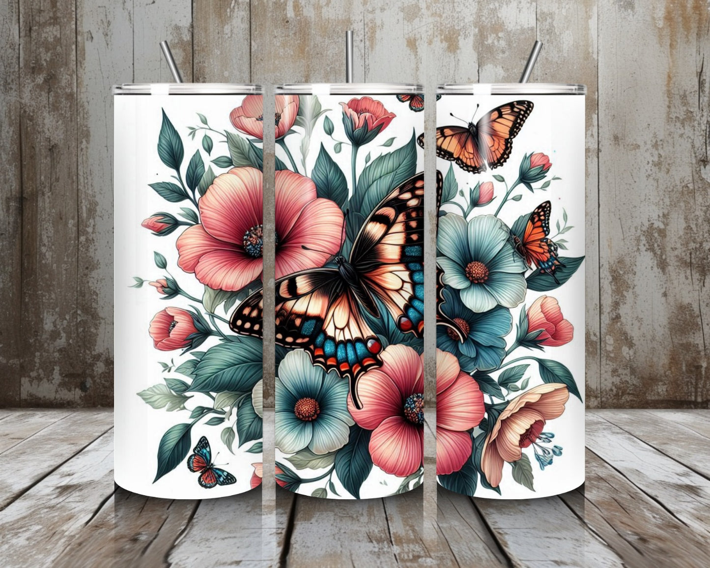 Tumbler Frühlingsblumen mit Schmetterling