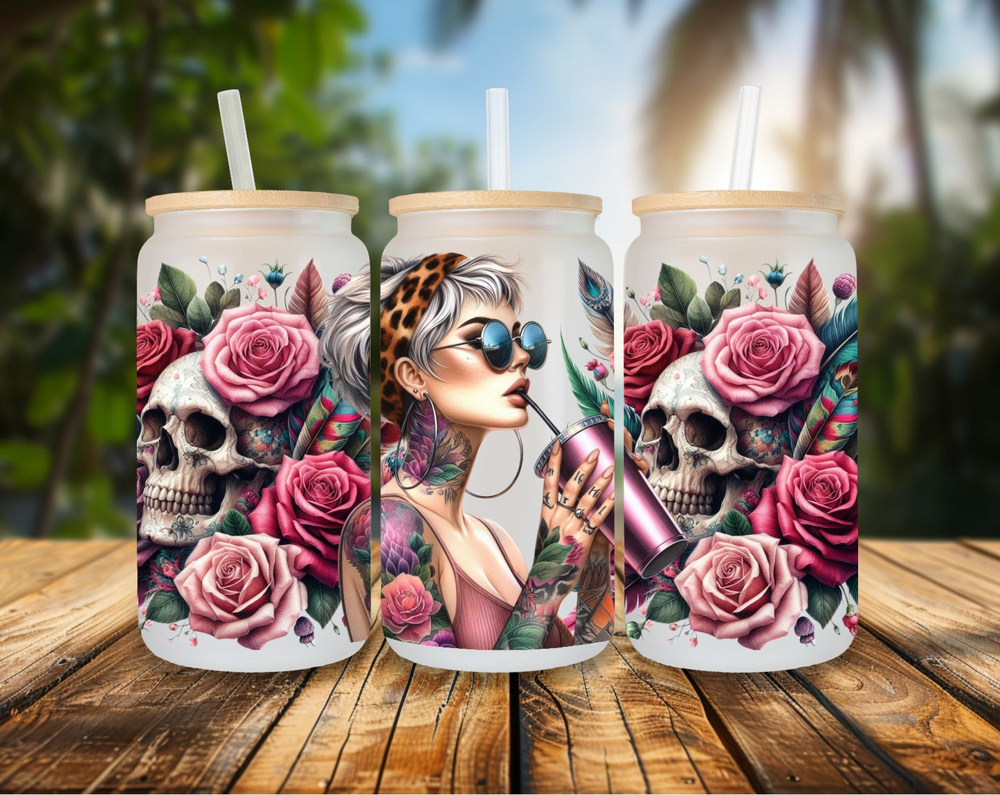 16oz Glas Girl with Skull
