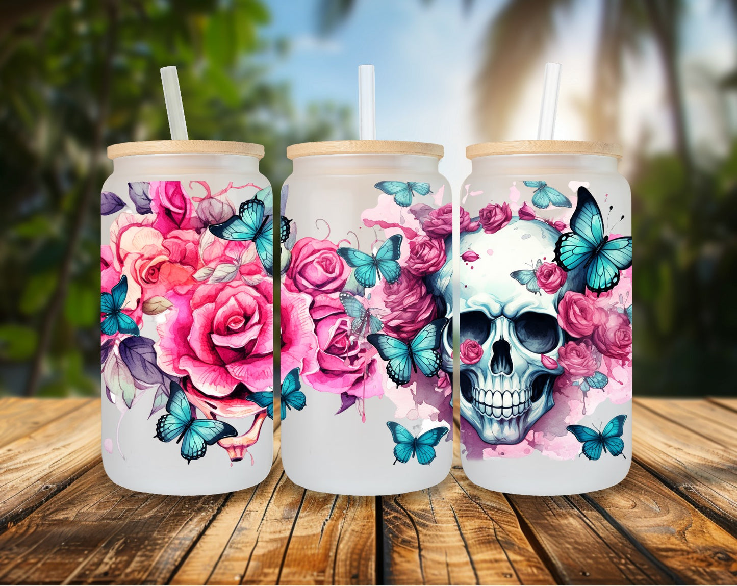 16oz Glas Flower Skull