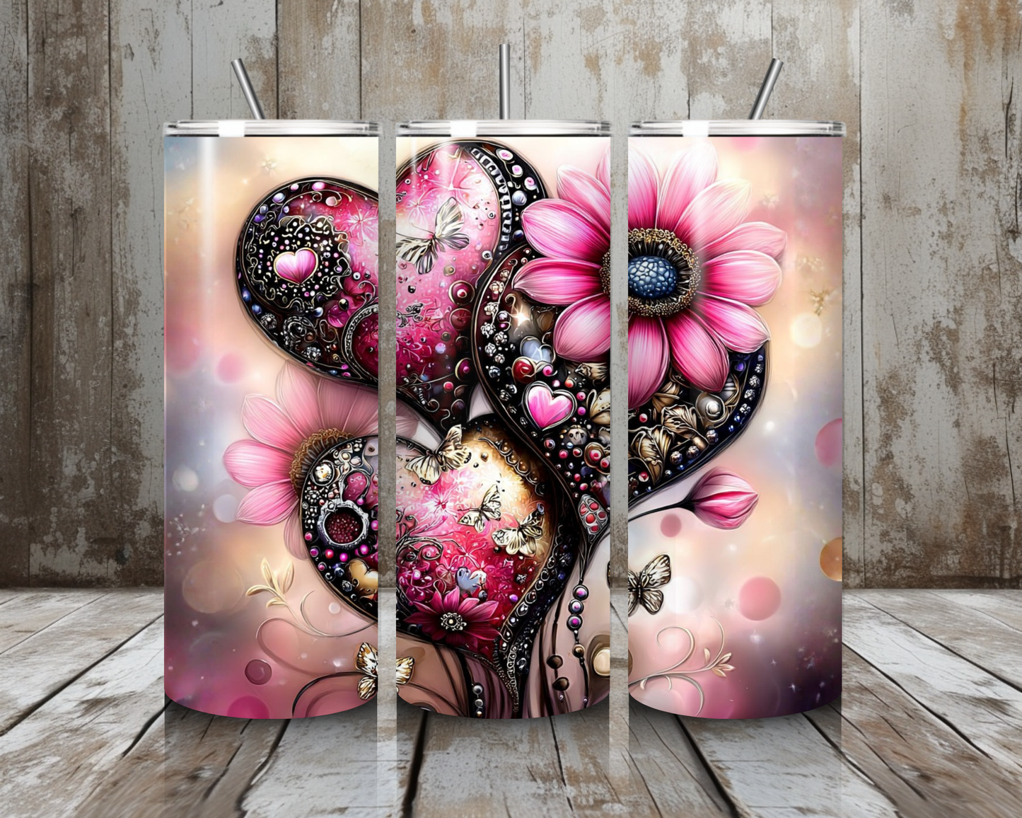 Tumbler Herzen mit pinker Blüte