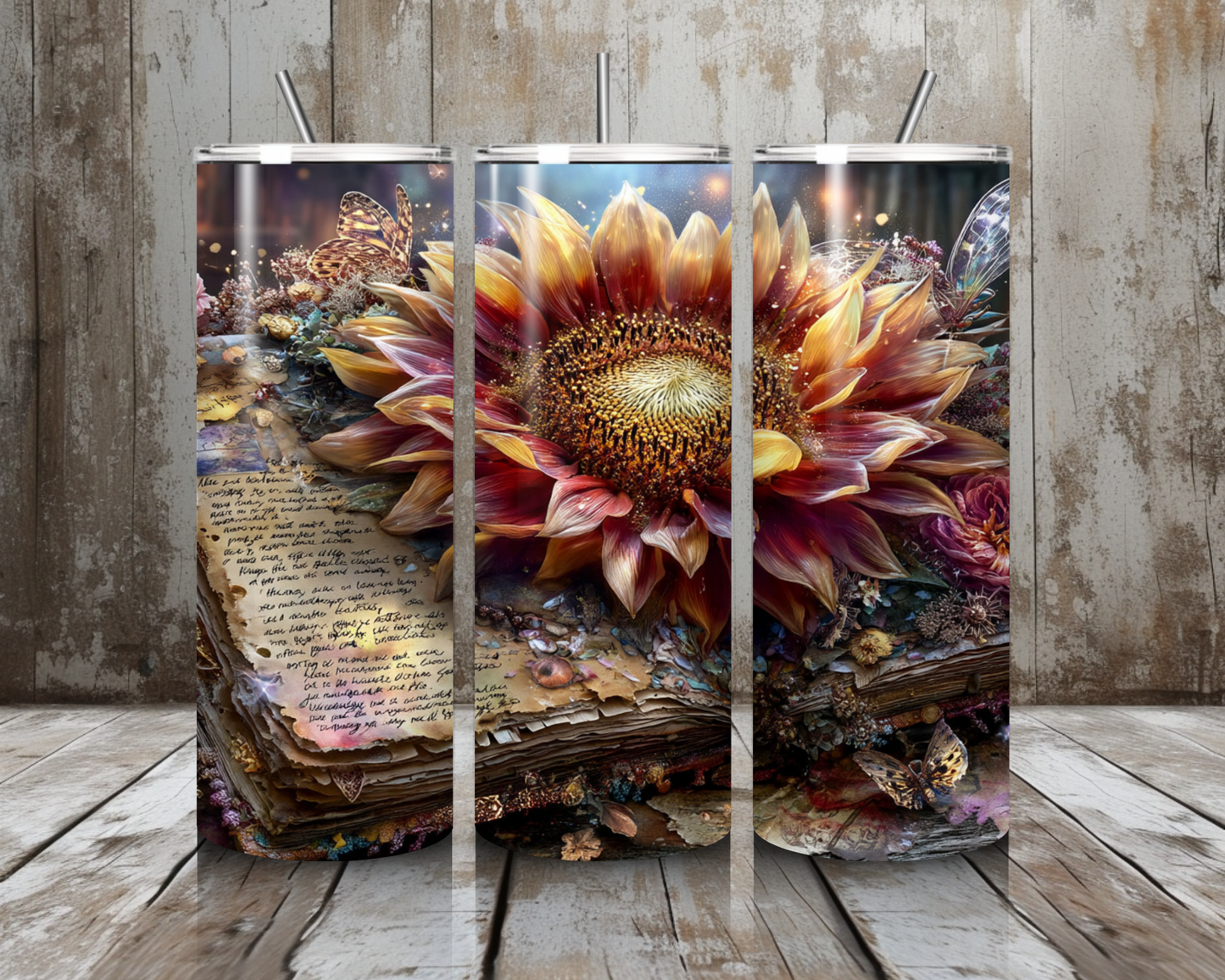 Tumbler Sonnenblume auf dem Buch
